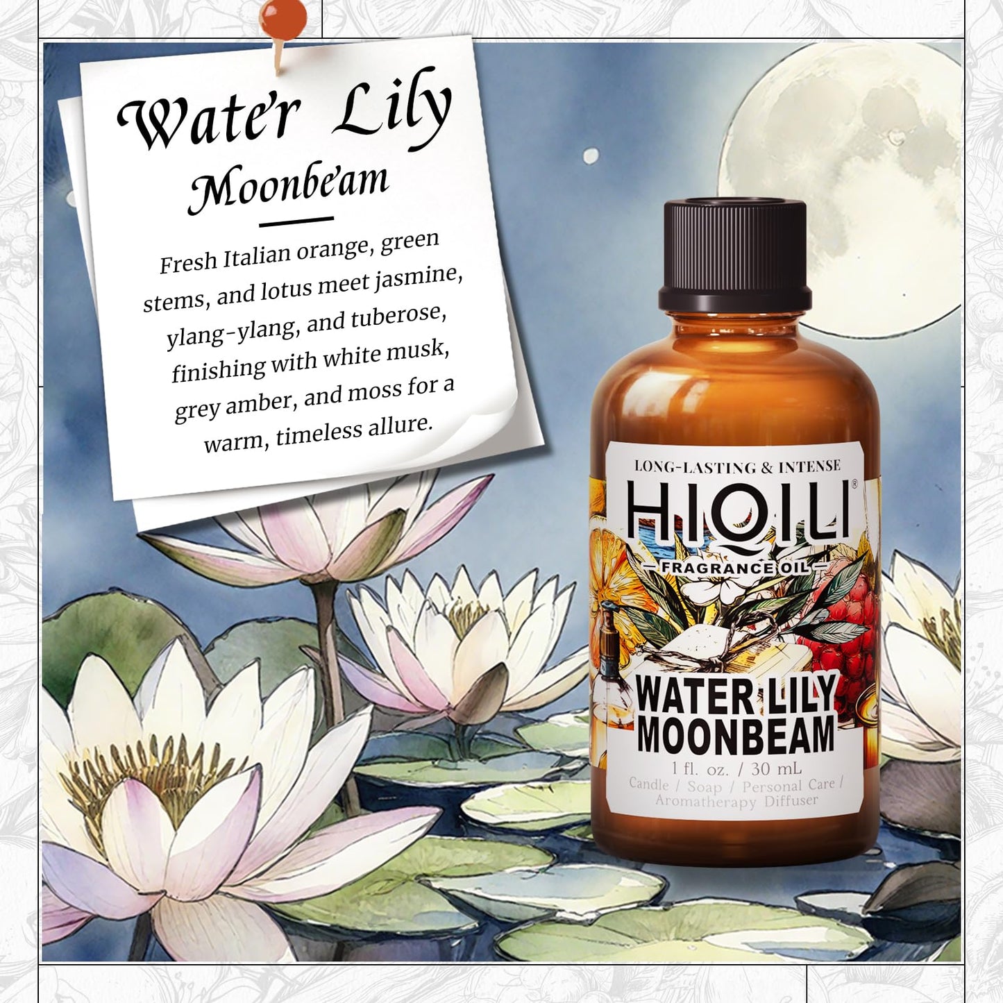 HIQILI Water Lily Moonbeam Fragrance Oil (1 oz) – Floral Scent for Diffuser, Candles, Soap & Perfume