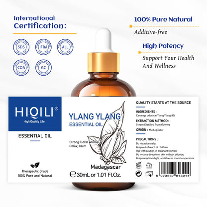 HIQILI Ylang-Ylang Essential Oil - Long-Lasting Scent for Diffusers, Perfumes & Aromatherapy 1.01 Fl Oz