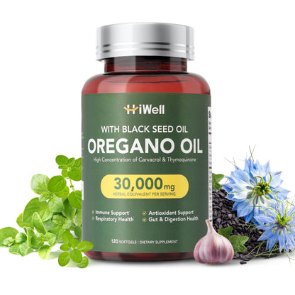 HiWell Oil of Oregano with Black Seed Oil – 55% Carvacrol & Thymoquinone, 60-Day Non-GMO Immune Support
