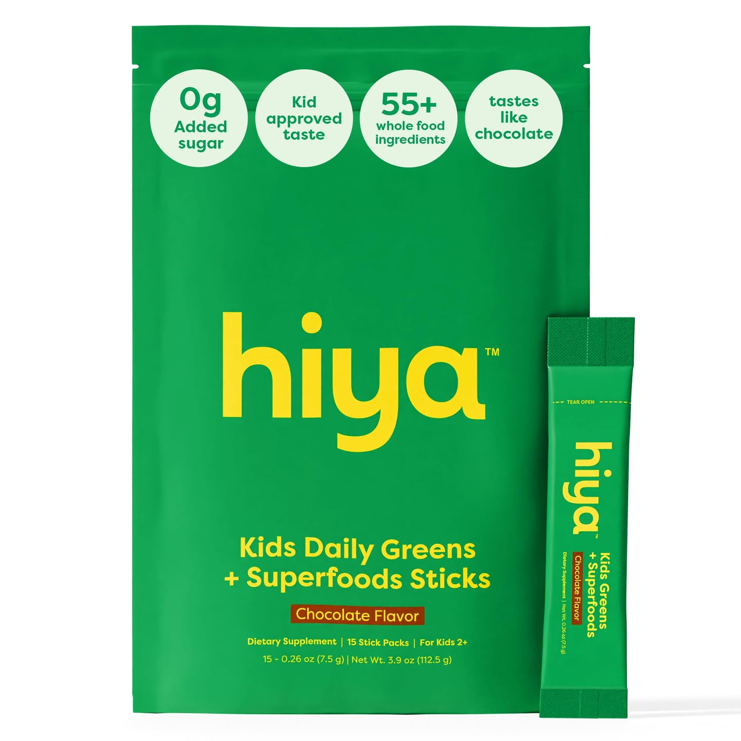 HIYA Kids Greens Powder Sticks - 55 Whole-Food Ingredients (Chocolate)