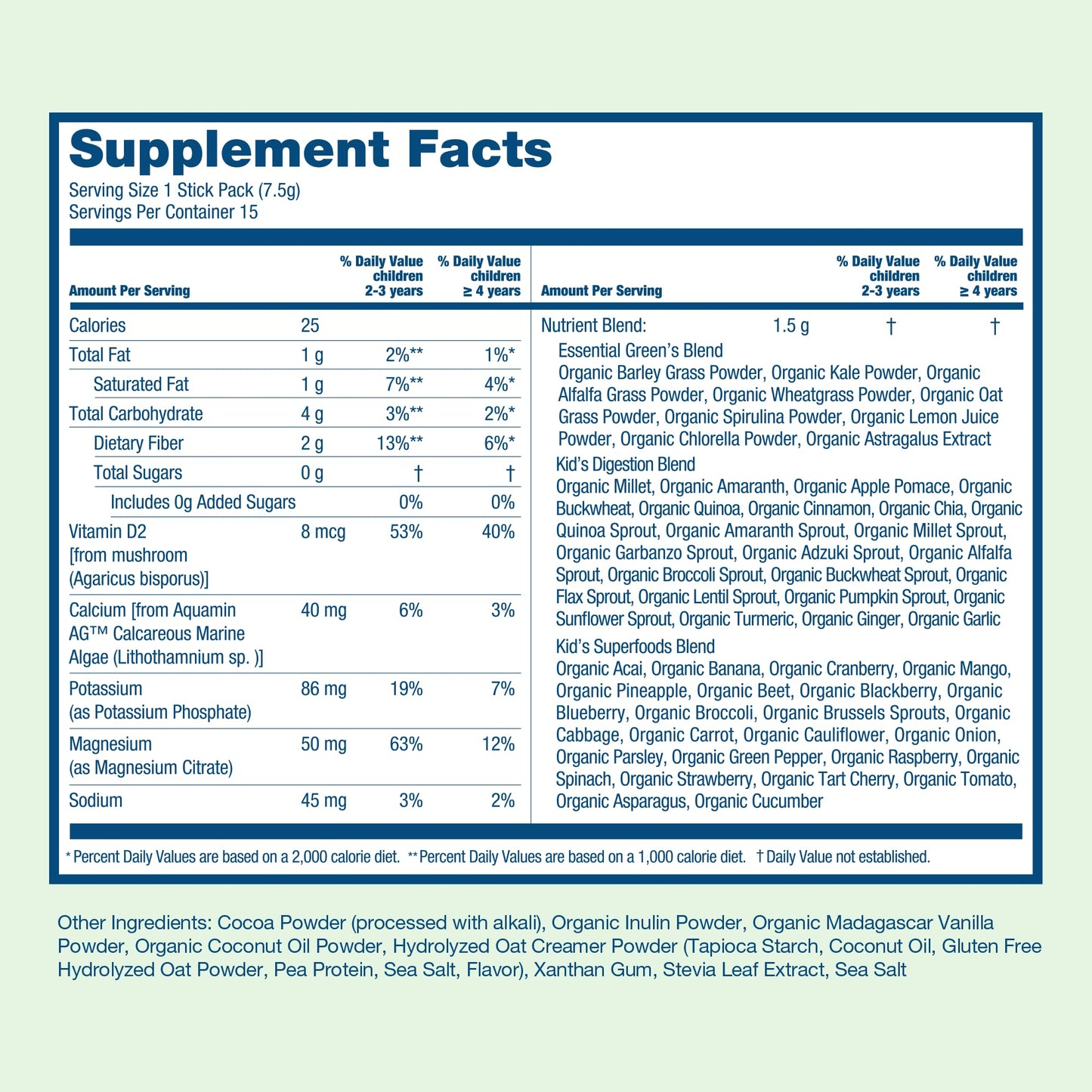HIYA Kids Greens Powder Sticks - 55 Whole-Food Ingredients (Chocolate)