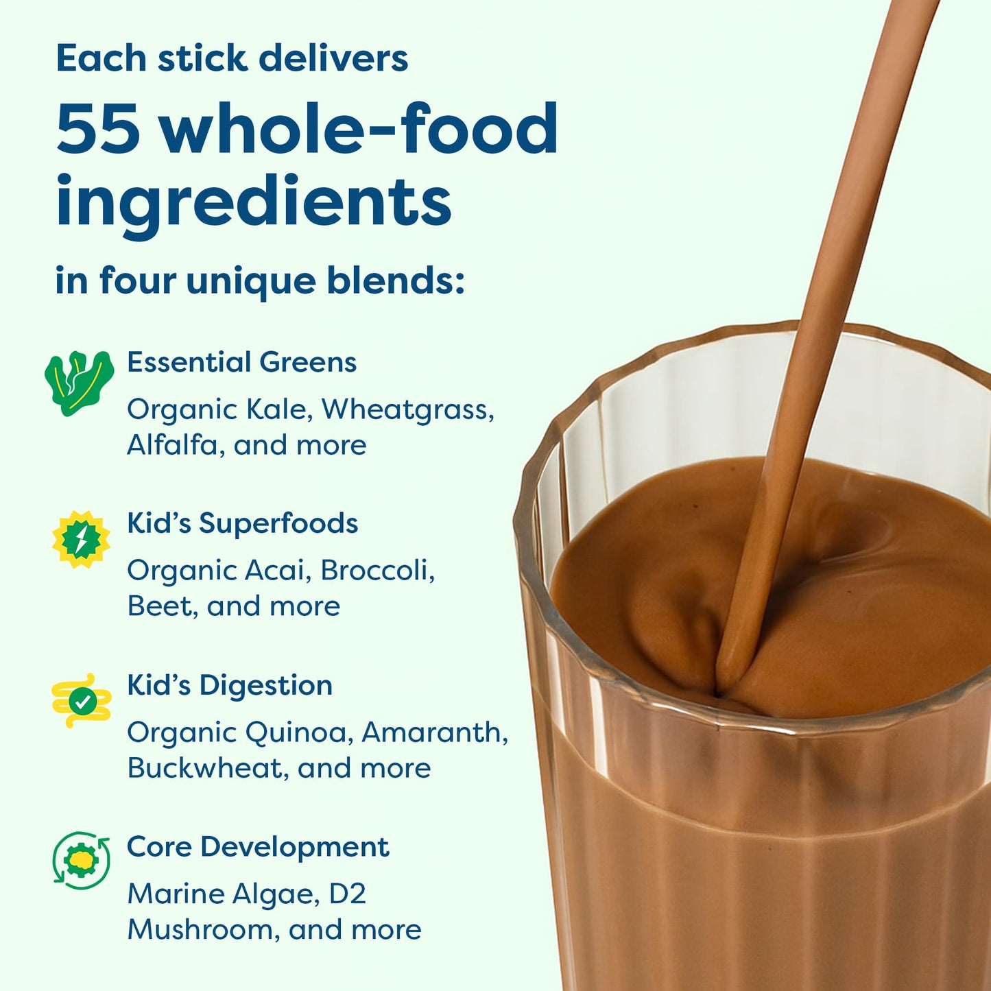 HIYA Kids Greens Powder Sticks - 55 Whole-Food Ingredients (Chocolate)