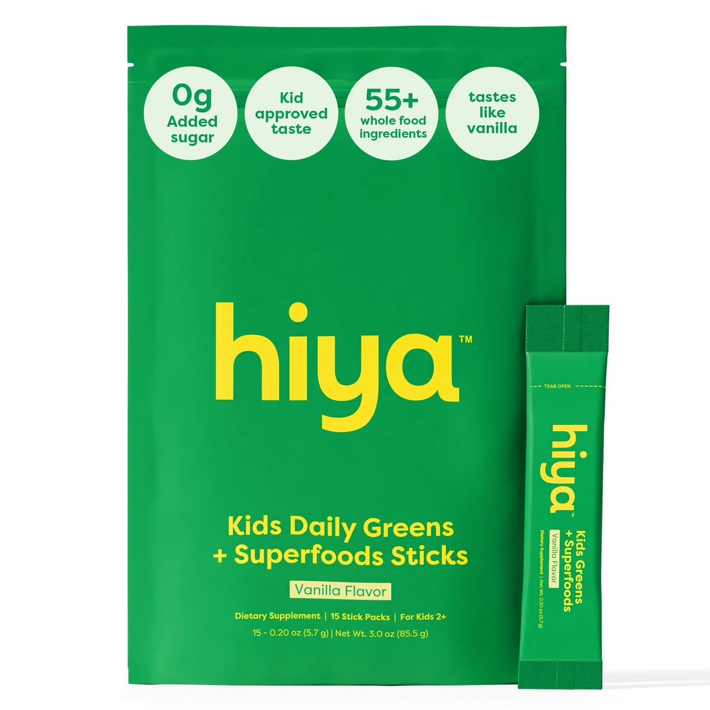 HIYA Kids Greens Powder Sticks – 55 Whole-Food Ingredients & Vanilla Flavor