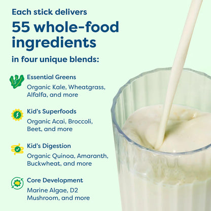 HIYA Kids Greens Powder Sticks – 55 Whole-Food Ingredients & Vanilla Flavor
