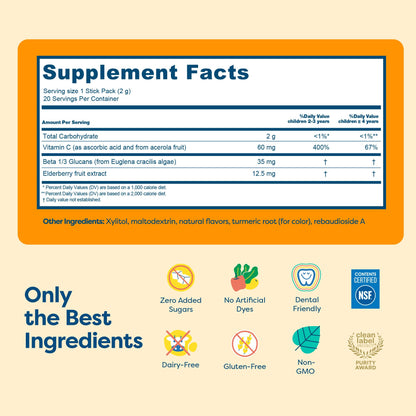 Hiya Kids Immune Support – Vitamin C, Elderberry & Beta Glucans for Ages 2+ | Orange Flavor | 0g Sugar | 20 Sticks