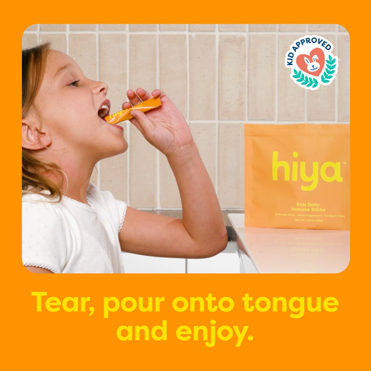 Hiya Kids Immune Support – Vitamin C, Elderberry & Beta Glucans for Ages 2+ | Orange Flavor | 0g Sugar | 20 Sticks