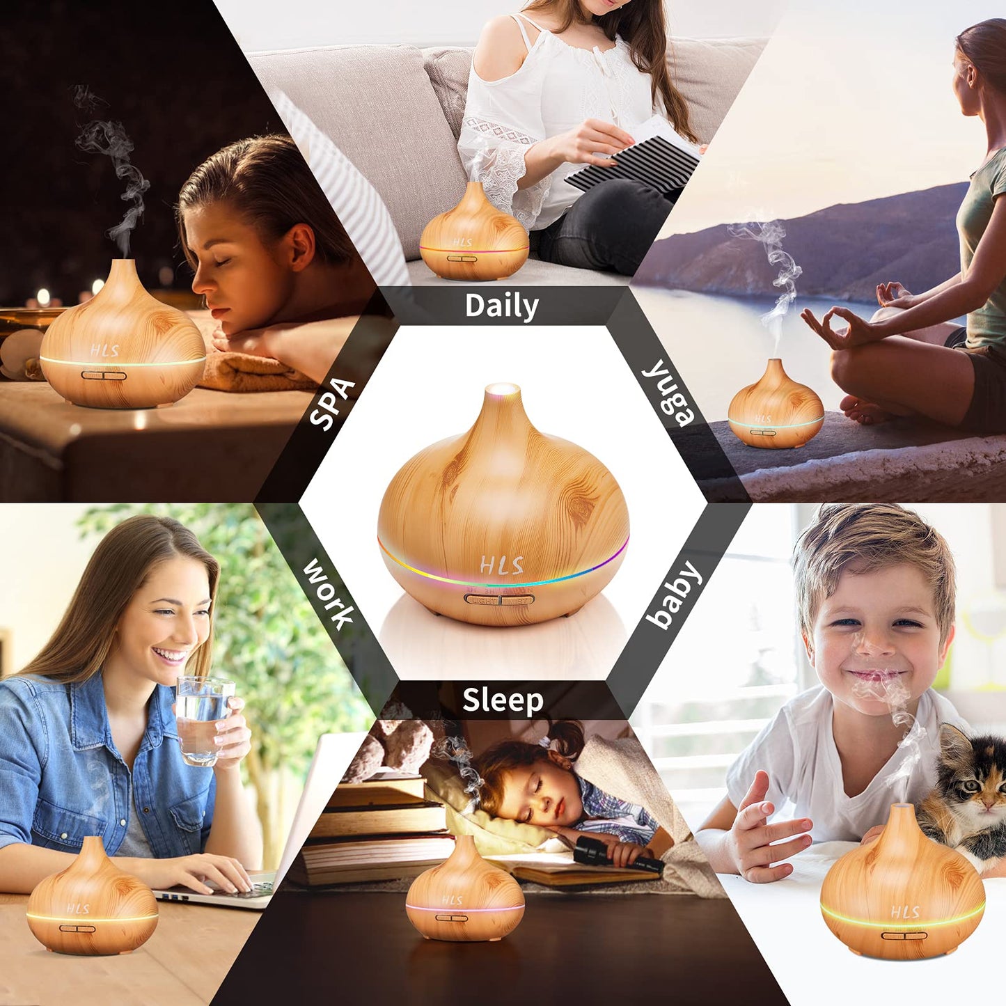 HLS Aroma Diffusers for Essential Oils Large Room Set with 10 Oils | Ultrasonic Aromatherapy Diffuser & Humidifier