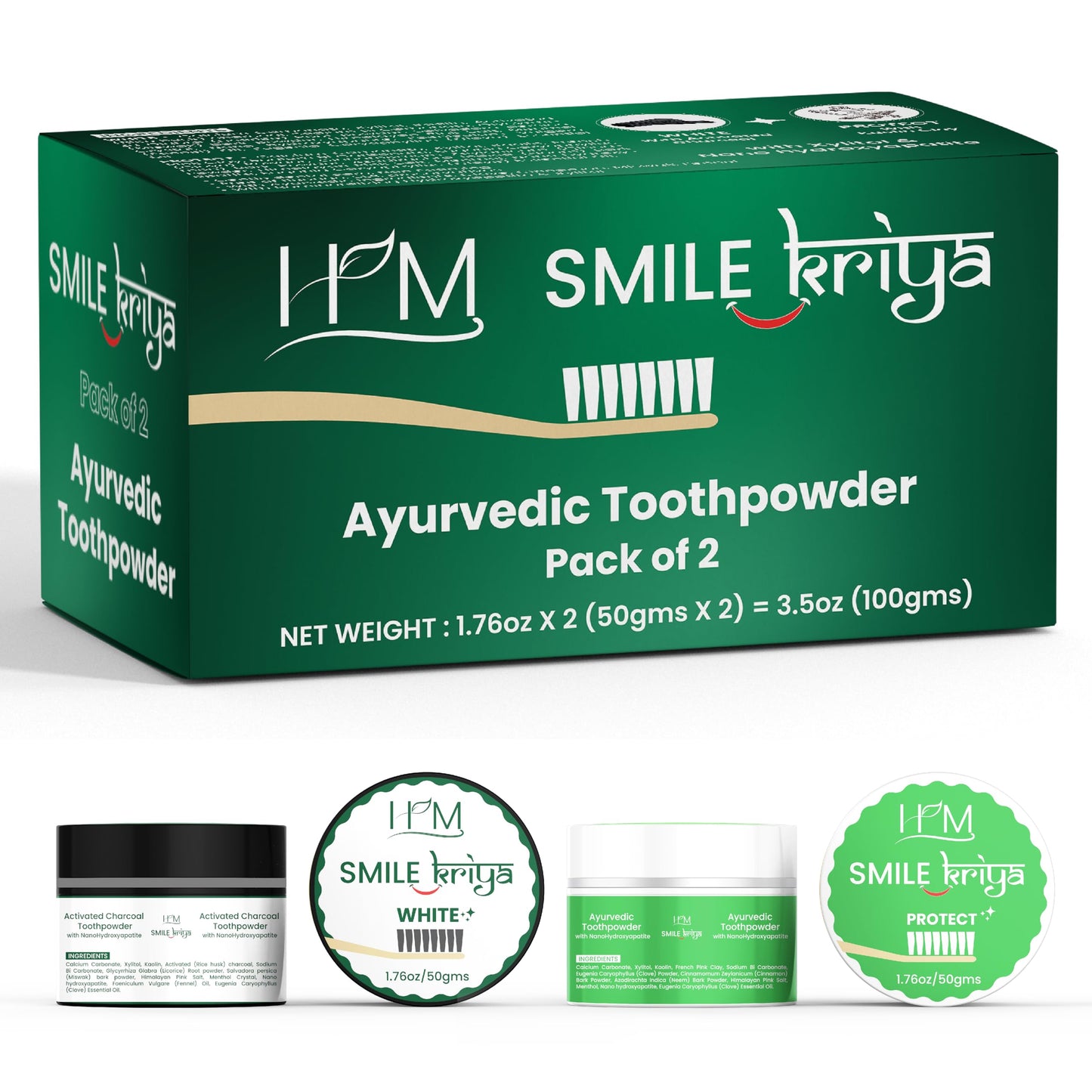 HM Smile Kriya Ayurvedic Toothpowder Duo (Pack of 2) | Whitens Teeth Naturally, Remineralizes Enamel, Strengthens Gums
