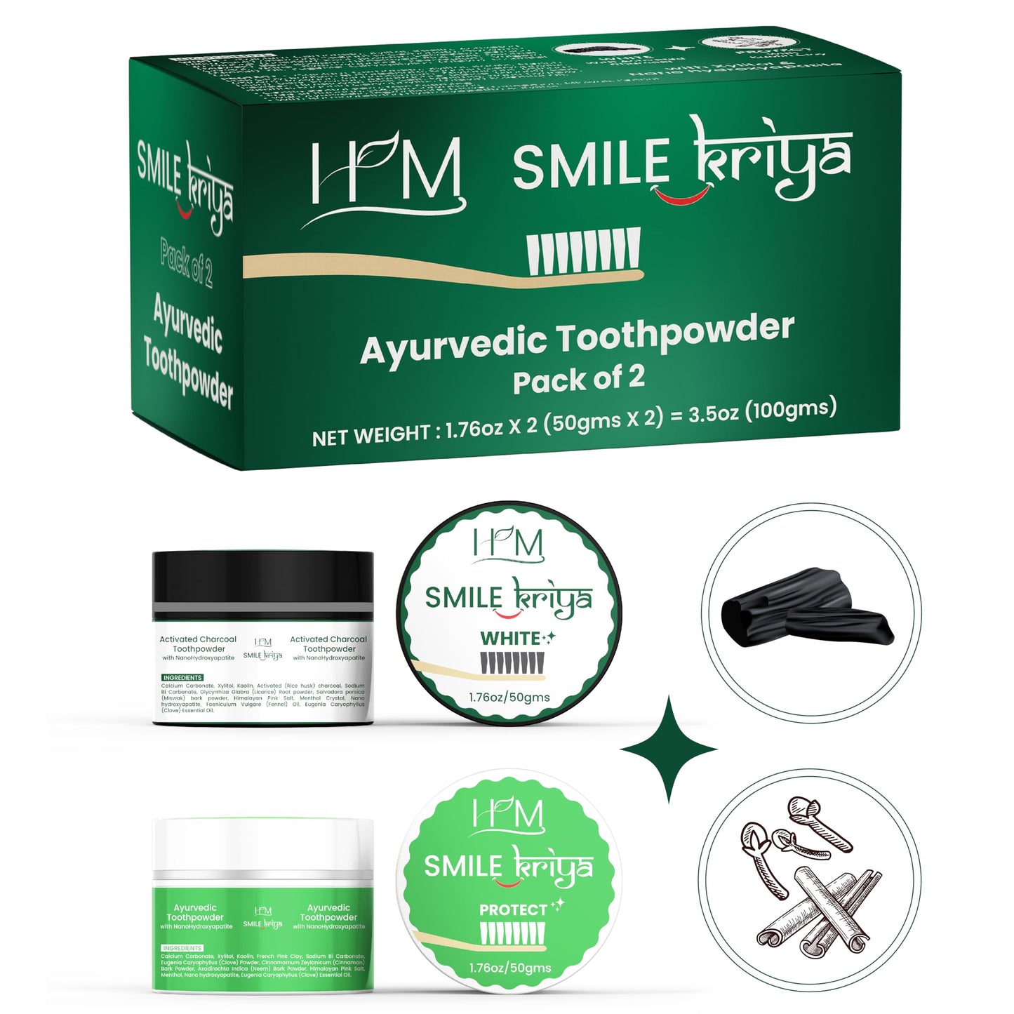 HM Smile Kriya Ayurvedic Toothpowder Duo (Pack of 2) | Whitens Teeth Naturally, Remineralizes Enamel, Strengthens Gums