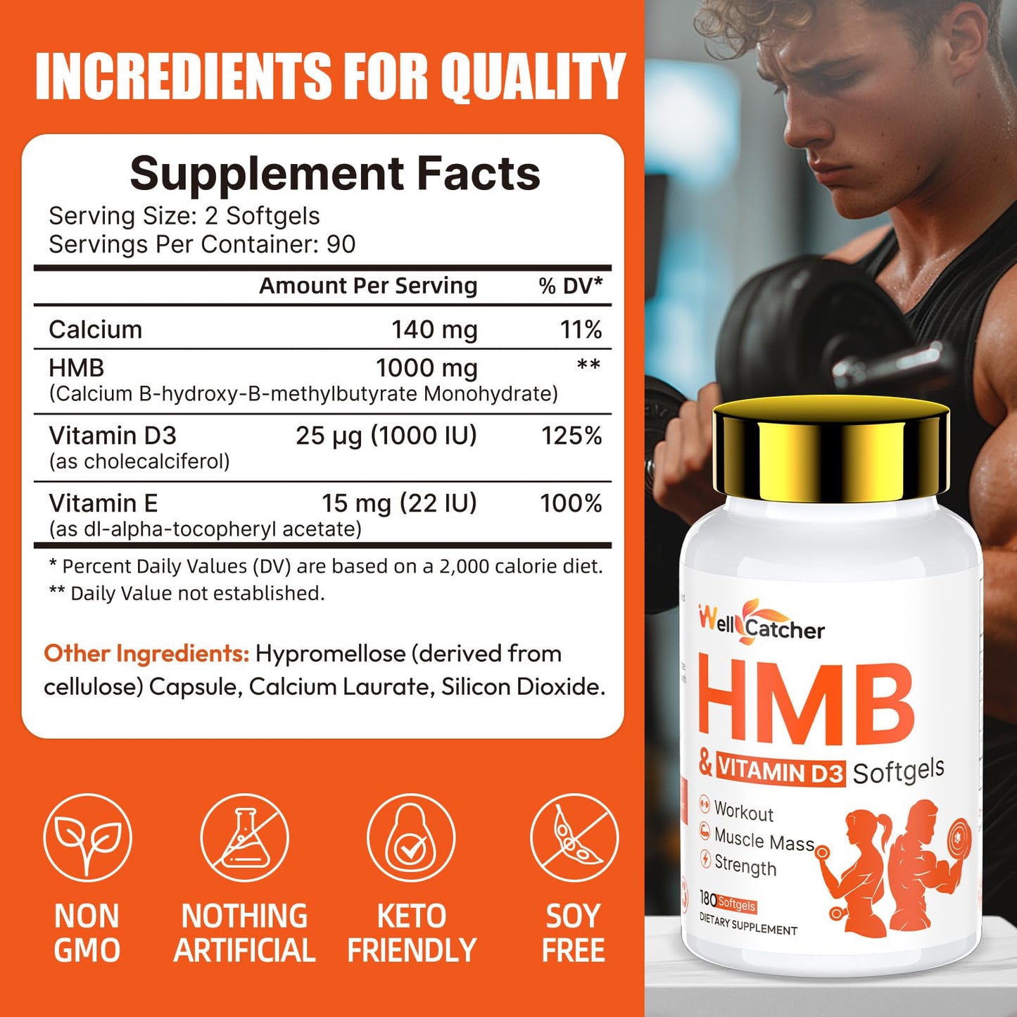 HMB 1000MG with D3 Capsules – Supports Muscle Growth & Recovery (180 Count)