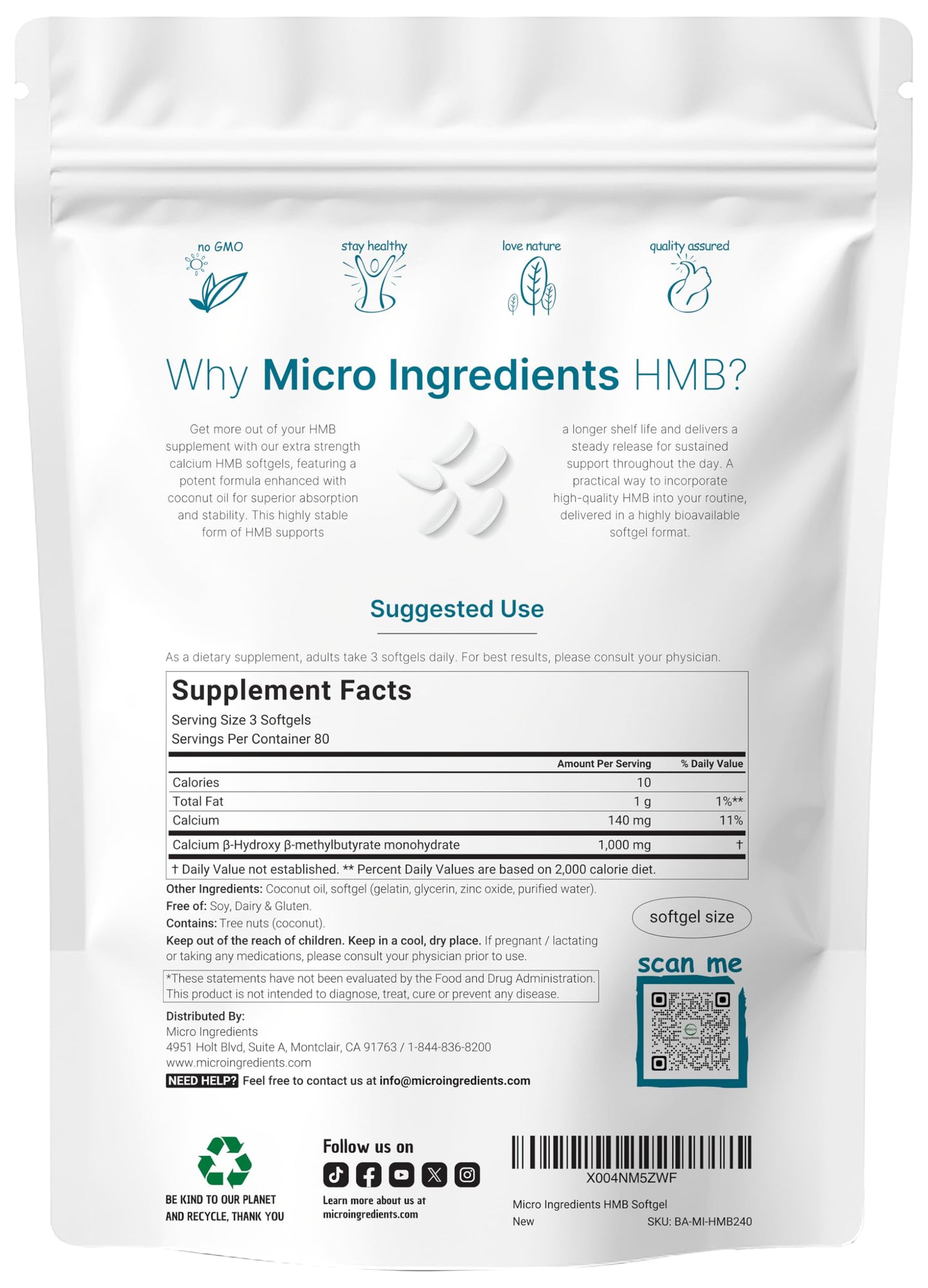 HMB 1,000mg | 240 Softgels with Coconut Oil | Highly Bioavailable | HMB Supplements for Men & Women