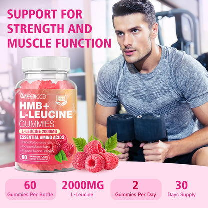 2 Pack HMB + L-Leucine Gummies – 3000mg for Muscle Growth & Recovery, Sugar-Free Raspberry, 120 Count