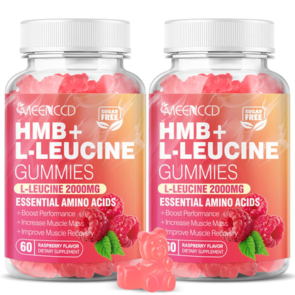2 Pack HMB + L-Leucine Gummies – 3000mg for Muscle Growth & Recovery, Sugar-Free Raspberry, 120 Count
