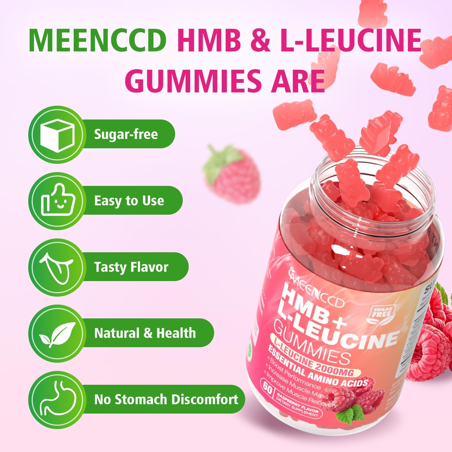 2 Pack HMB + L-Leucine Gummies – 3000mg for Muscle Growth & Recovery, Sugar-Free Raspberry, 120 Count