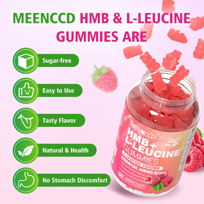 2 Pack HMB + L-Leucine Gummies – 3000mg for Muscle Growth & Recovery, Sugar-Free Raspberry, 120 Count