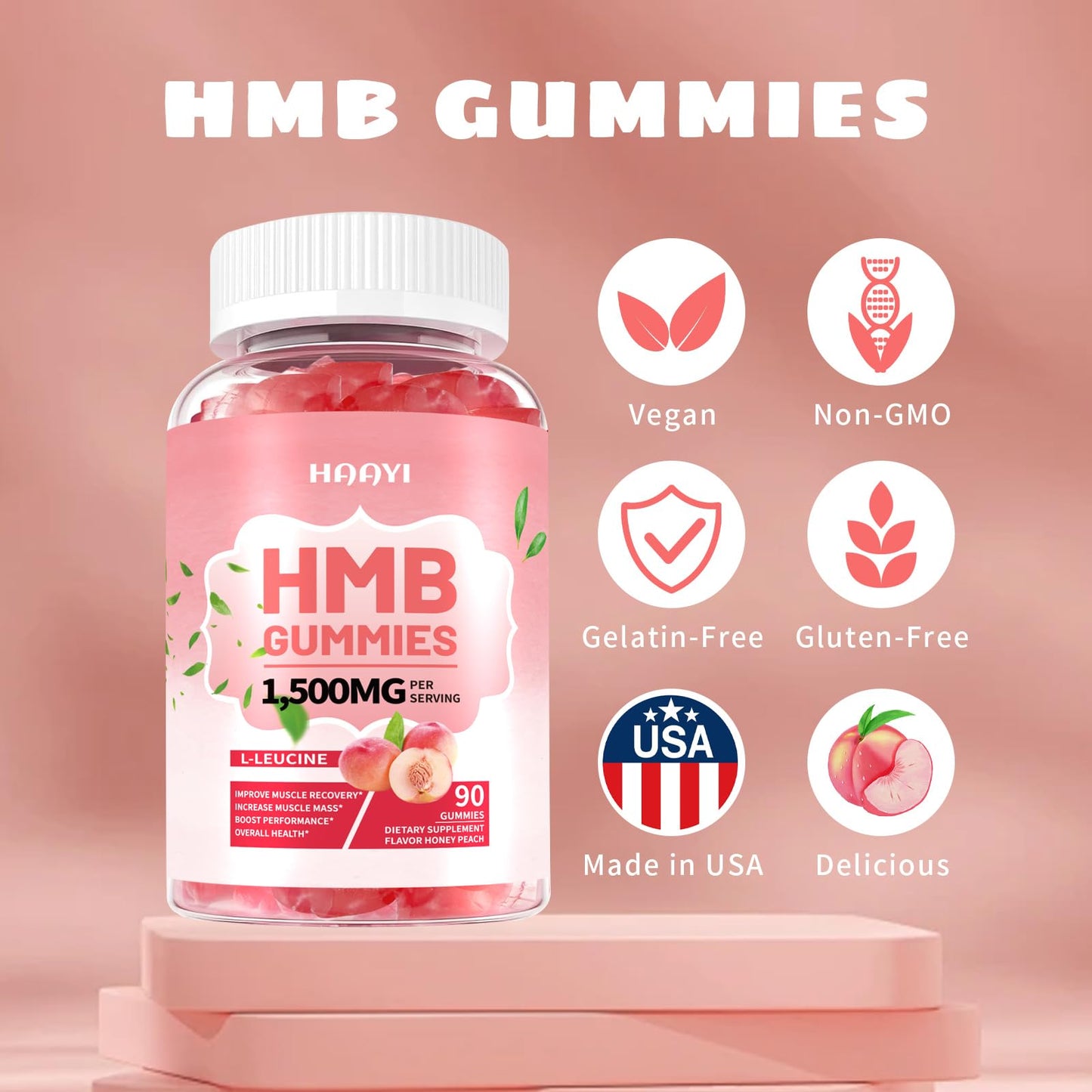 HMB & Leucine Gummies for Men & Women - Sugar Free Peach 90 Gummies