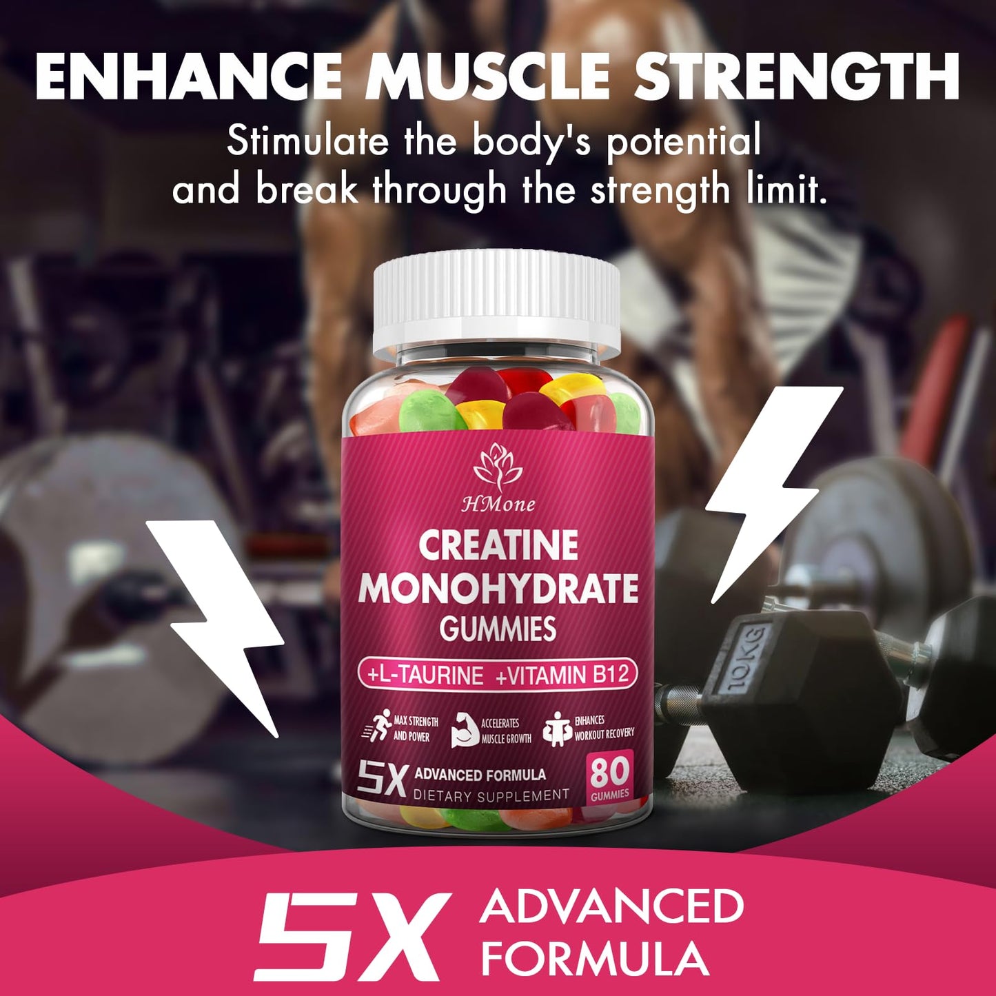 HMone Creatine Monohydrate Gummies – 5g per Serving (Creapure), 160 Count, Vegan & Sugar Free