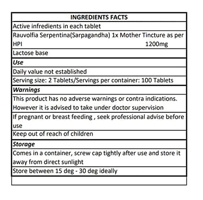 Rauwolfia Serpentina 1X Homeopathy Tablets – Sarpagandha Mother Tincture | Pack of 3 (300 Tabs) | HMS Brand