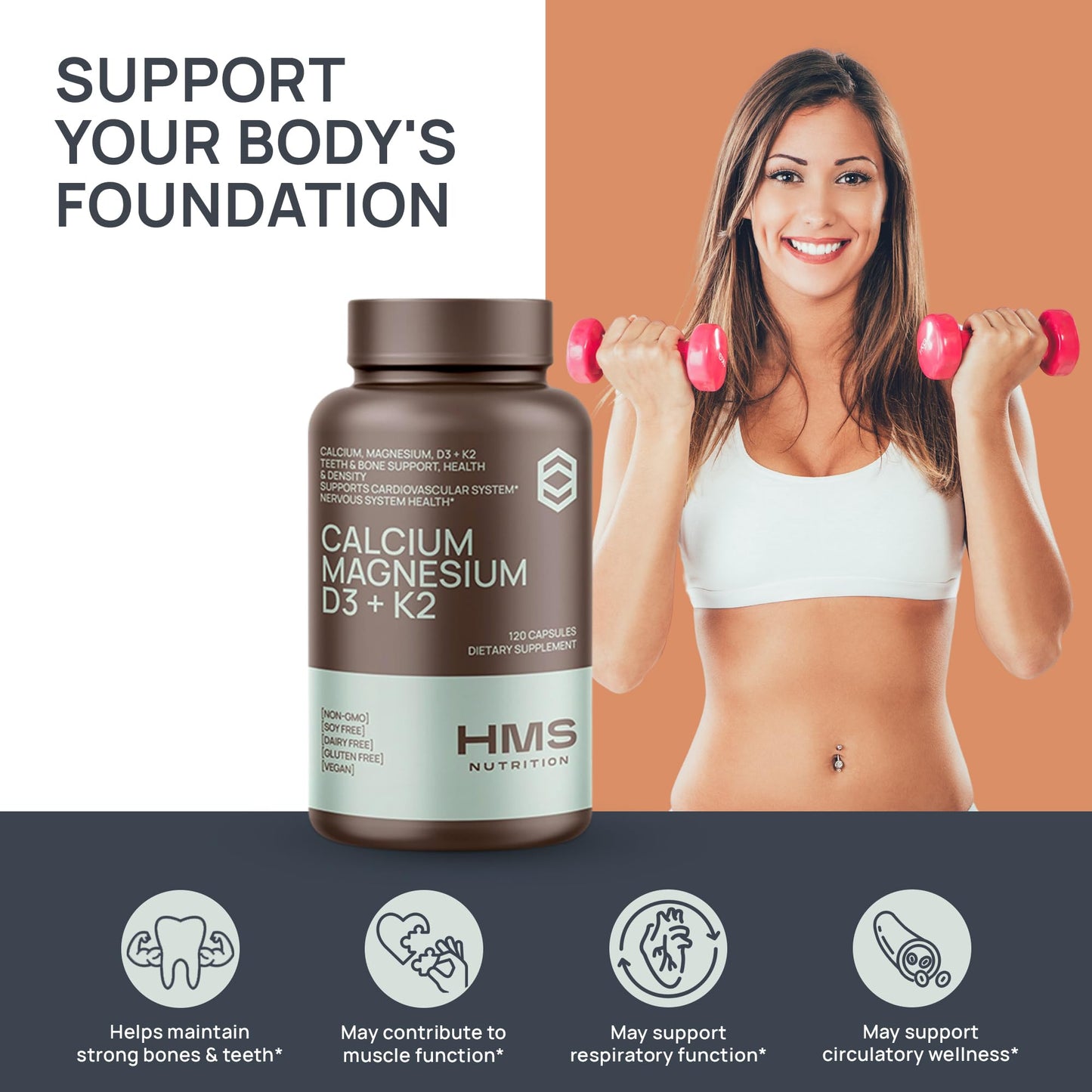 Calcium Magnesium D3 + K2 for Bone Health – HMS Nutrition | 120 Capsules