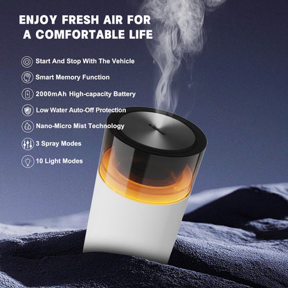 HODEMI Car Diffuser with Auto Start-Stop | Portable Humidifier with Memory & 8-Color Ambient Lights (White)