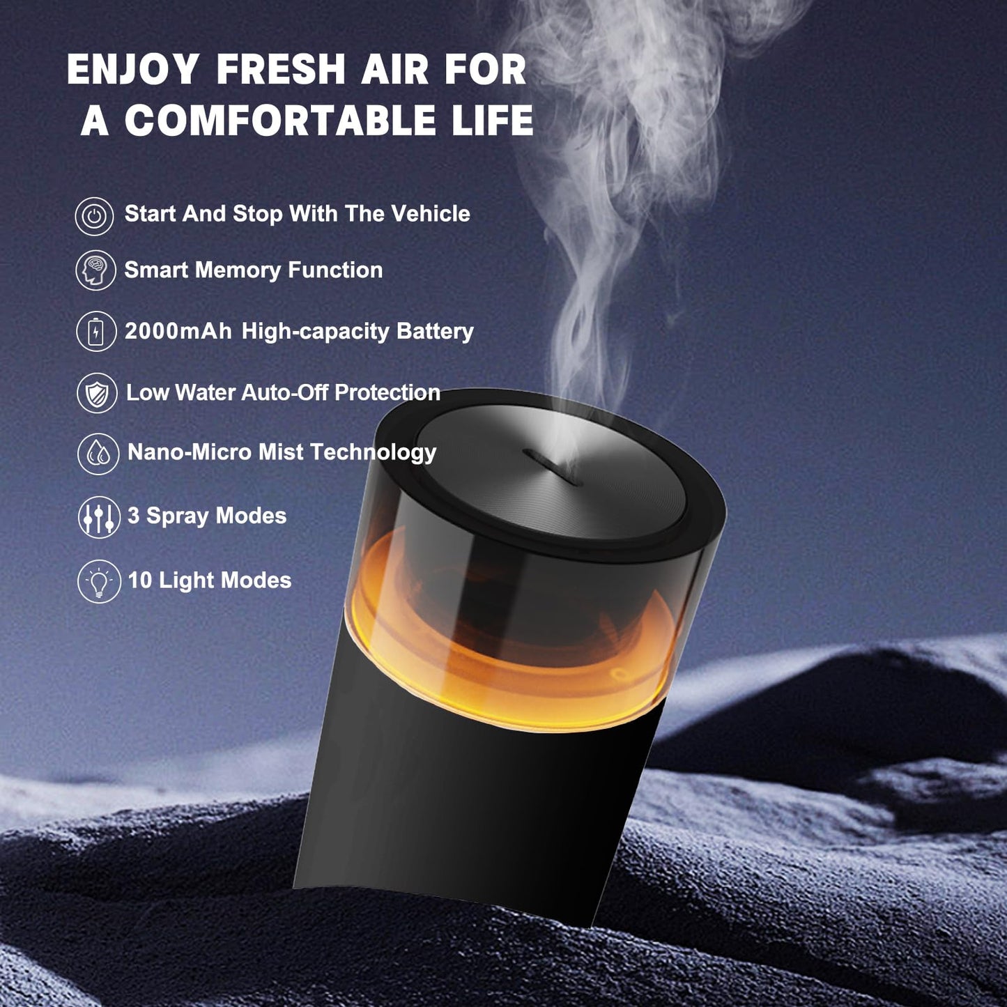 HODEMI Car Diffuser – Auto Start-Stop, Portable Humidifier with 8-Color Ambient Light (Black)