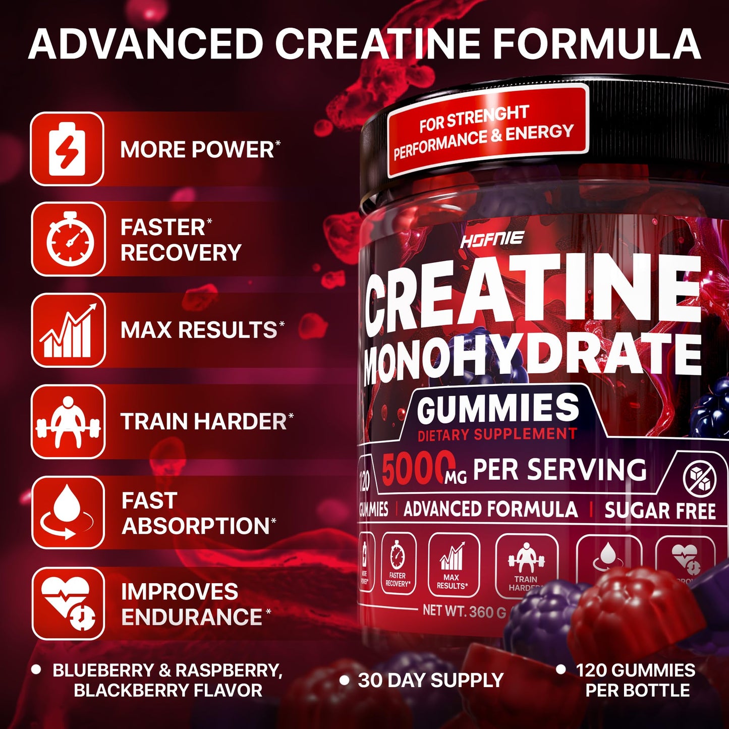 Hofnie Creatine Monohydrate Gummies 5000 mg – Vegan, Sugar-FREE Pre-Workout – Raspberry & Blackberry, 120 Gummies