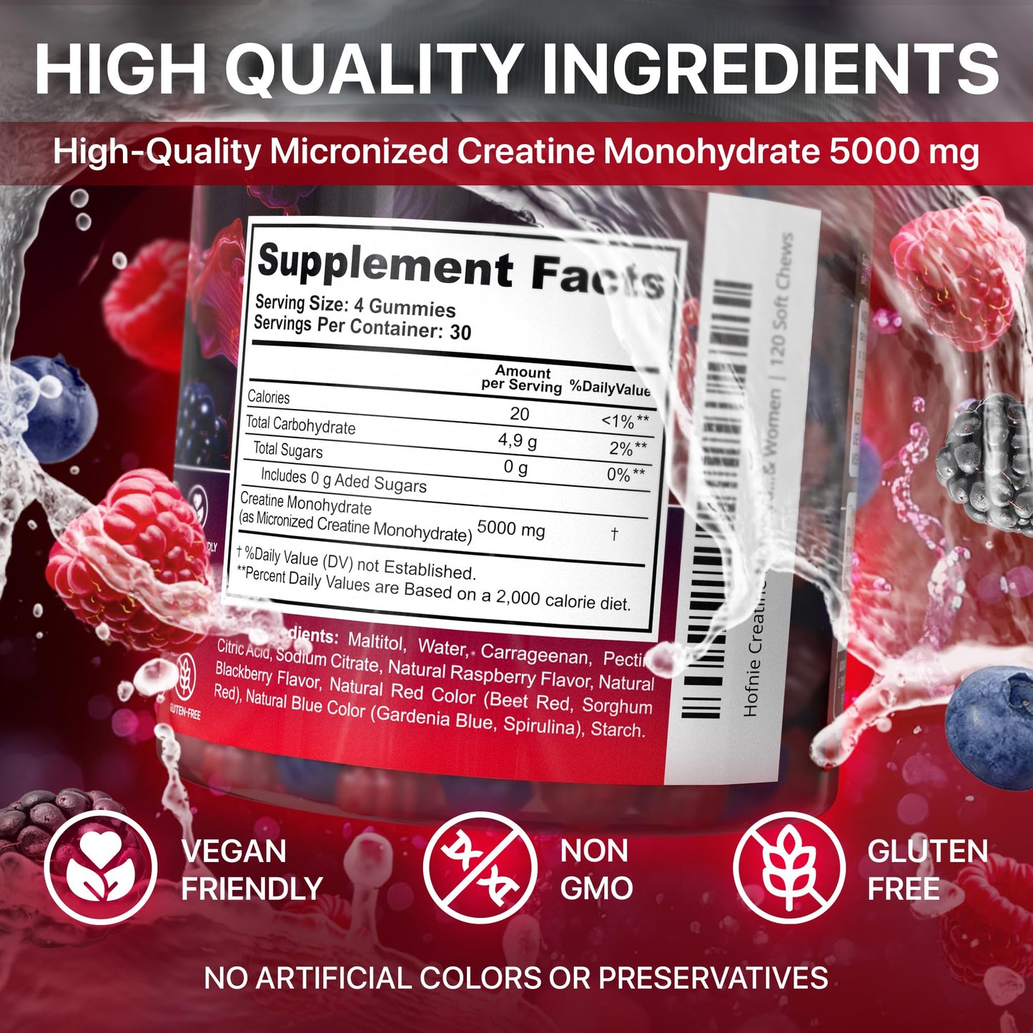 Hofnie Creatine Monohydrate Gummies 5000 mg – Vegan, Sugar-FREE Pre-Workout – Raspberry & Blackberry, 120 Gummies