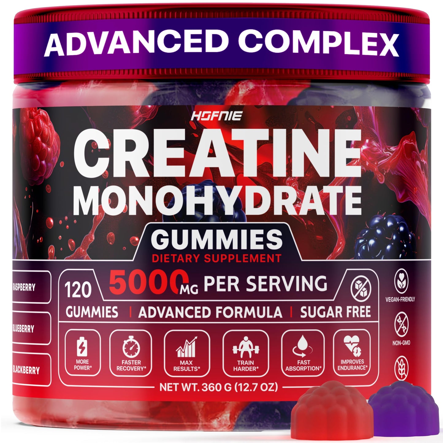 Hofnie Creatine Monohydrate Gummies 5000 mg – Vegan, Sugar-FREE Pre-Workout – Raspberry & Blackberry, 120 Gummies
