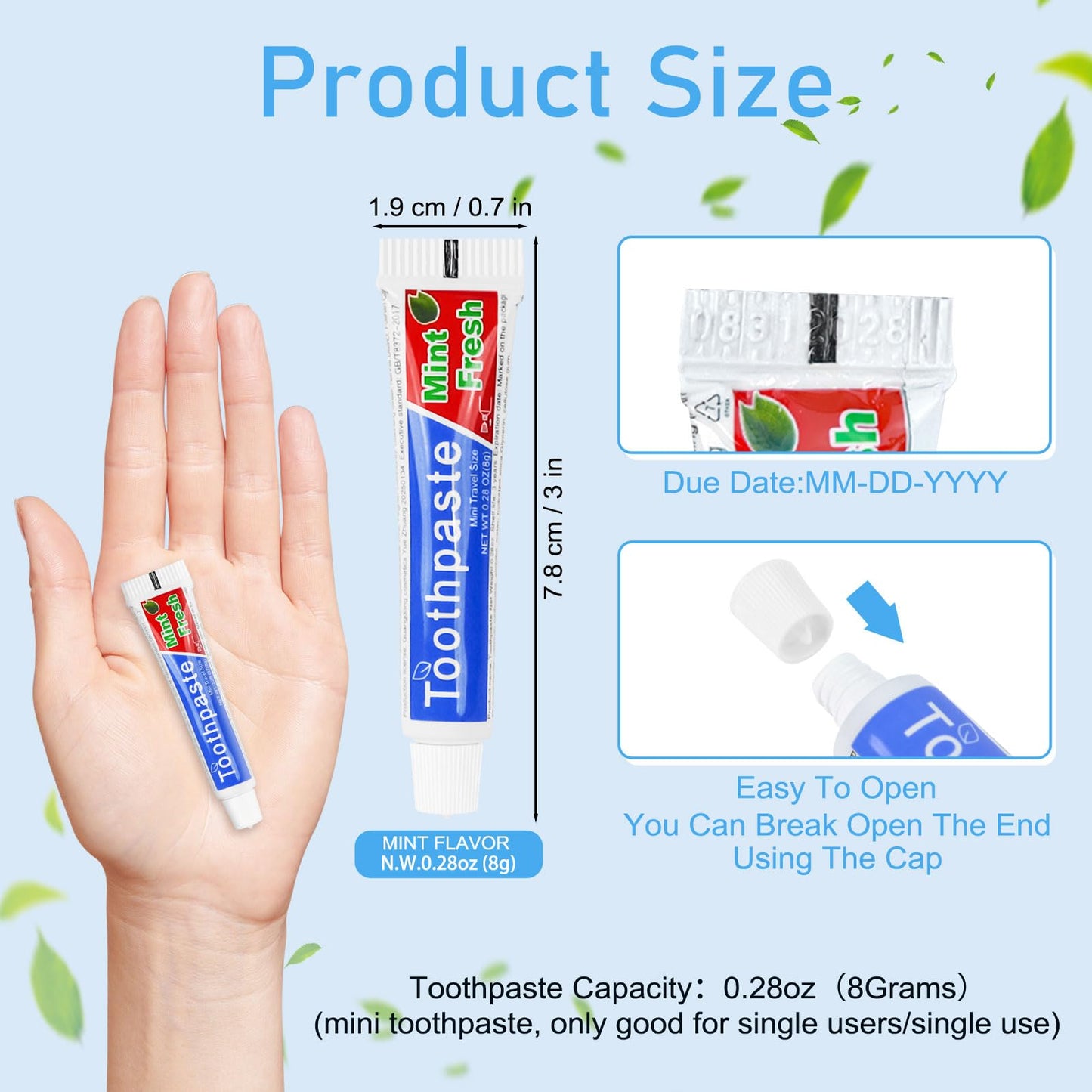 HOIQIRY 0.28 oz Mini Toothpaste 100-Pack – Travel Size Mint, Single-Use Tubes for Hotels, Camping, Office