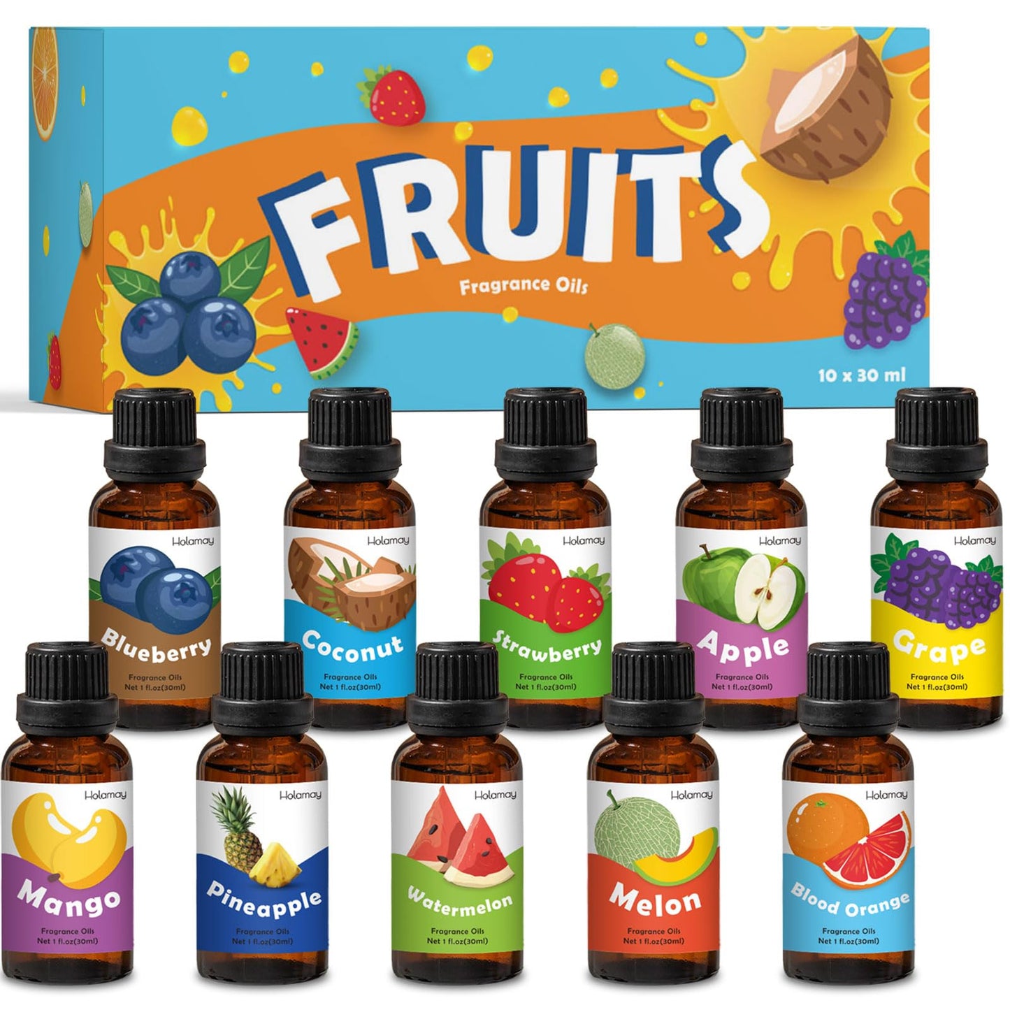 Holamay Fruit Essential Oils Set – 10 x 30ml for Diffusers, Candles & Soaps