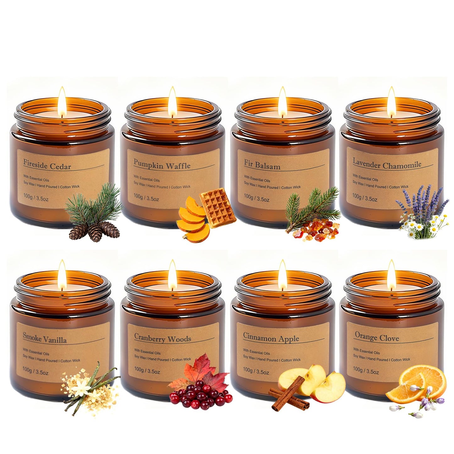 Holiday Candle Gift Set – 8-Pack Vintage Amber Glass Jars | Winter Scents