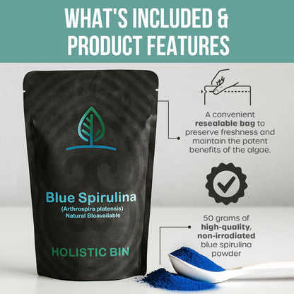 HOLISTIC BIN Blue Spirulina Powder - Organic Blue-Green Algae Supplement, 50g, Vegan Protein & Nutrients