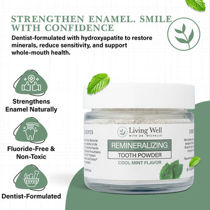 Living Well with Dr. Michelle Remineralizing Tooth Powder | Fluoride-Free Hydroxyapatite Formula | Supports Enamel Strength & Oral Wellness | Safe, Clean Ingredients | Cool Mint Flavor