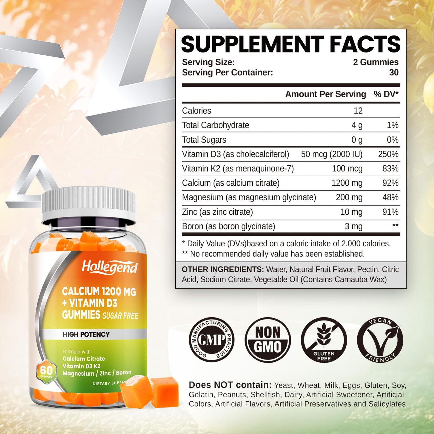 HOLLEGEND Calcium 1200 mg Gummies with Vitamin D3 – Bone Health
