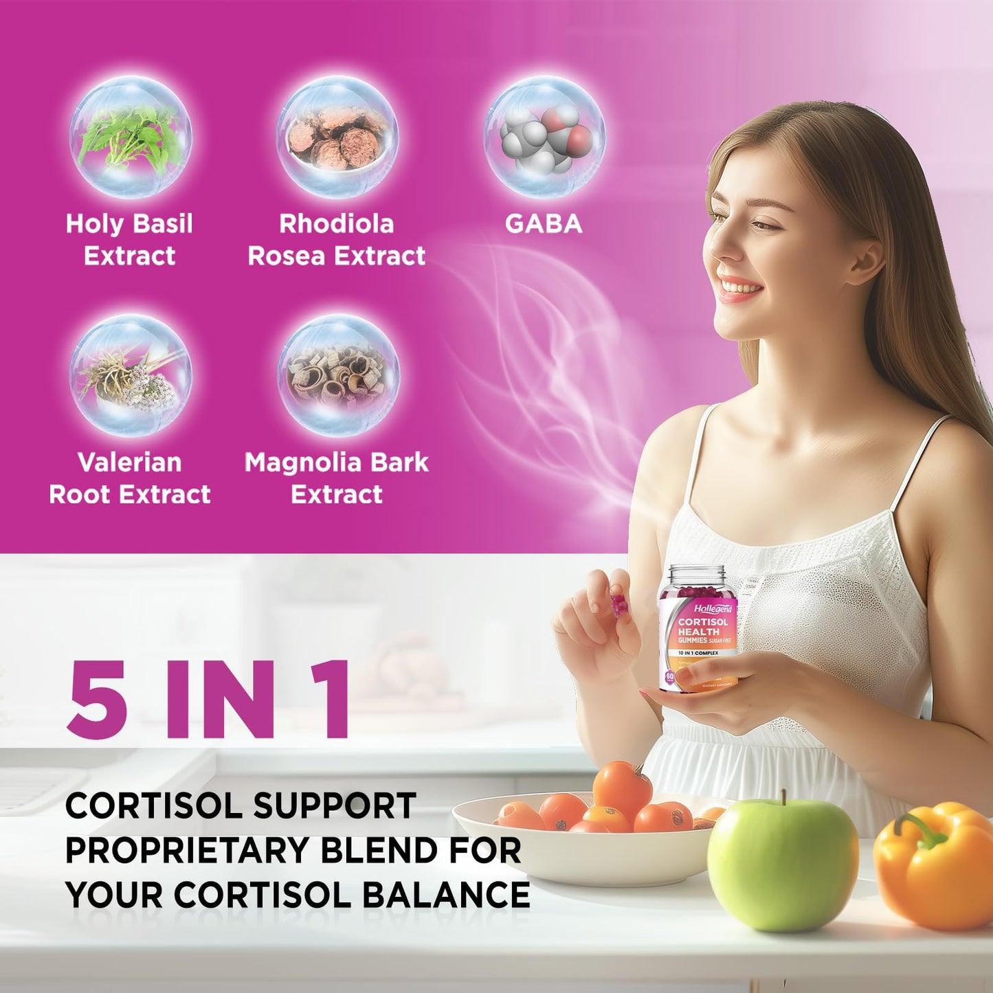 HOLLEGEND Cortisol Gummies for Women & Men – Sugar-Free Vegan, 60 Gummies | Stress Relief, Sleep & Focus