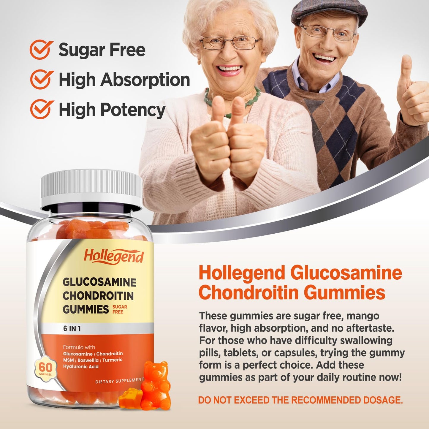 HOLLEGEND Glucosamine Chondroitin Gummies Sugar Free – 60 Count (Adults)