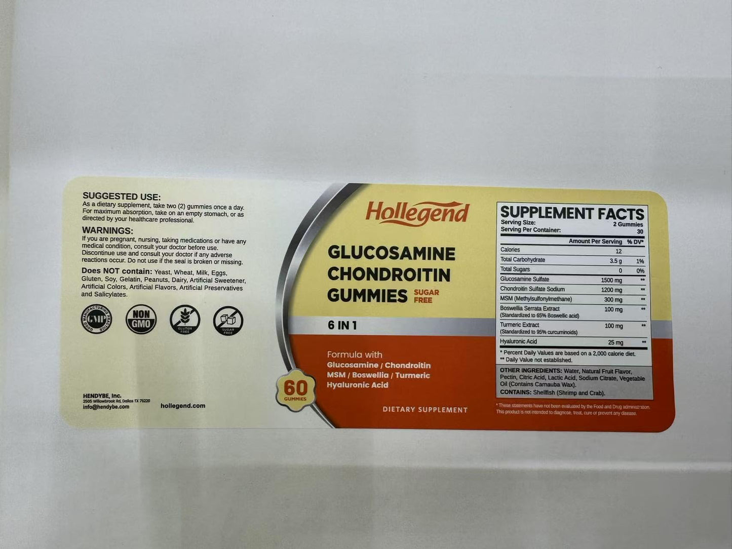HOLLEGEND Glucosamine Chondroitin Gummies Sugar Free – 60 Count (Adults)