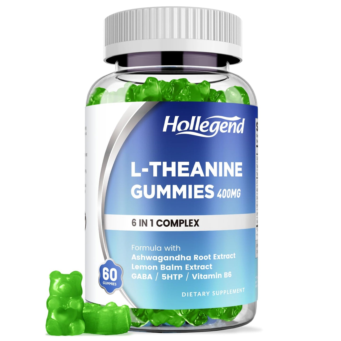 HOLLEGEND L-Theanine Gummies 400mg with Ashwagandha, GABA & 5HTP – Relax, Sleep & Focus (Vegan, Lemon)