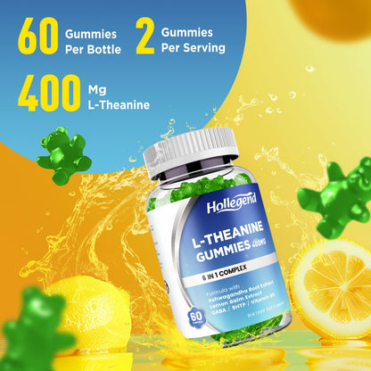 HOLLEGEND L-Theanine Gummies 400mg with Ashwagandha, GABA & 5HTP – Relax, Sleep & Focus (Vegan, Lemon)