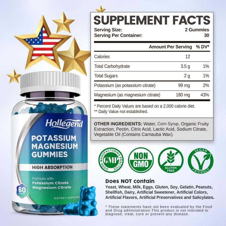 HOLLEGEND Potassium Magnesium Gummies | High Absorption Potassium Citrate 99mg & Magnesium Citrate 180mg – 60 Count