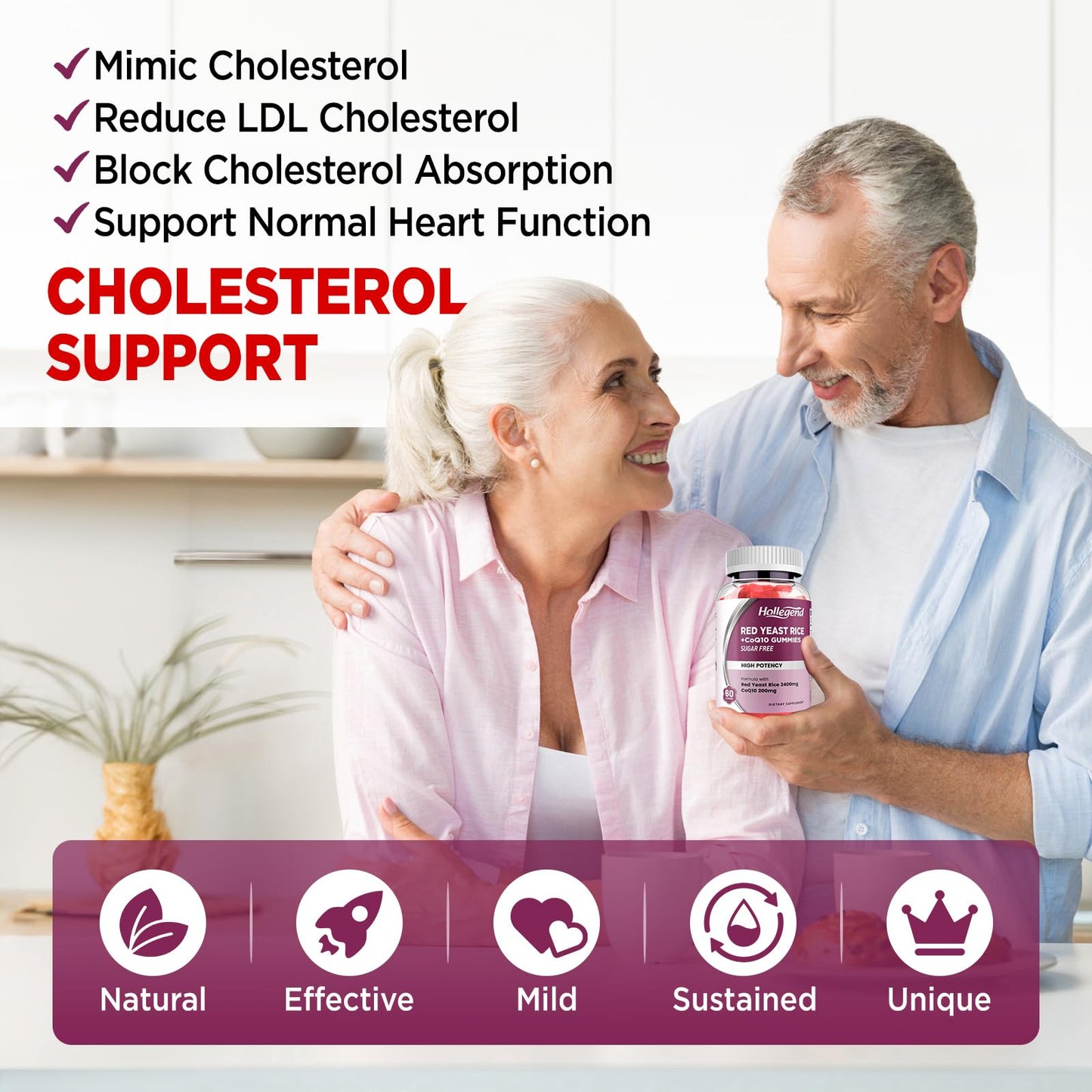 Hollgend Red Yeast Rice with CoQ10 Gummies - Sugar Free, Organic 2400mg Red Yeast Rice + 200mg CoQ10, 60 Chewables