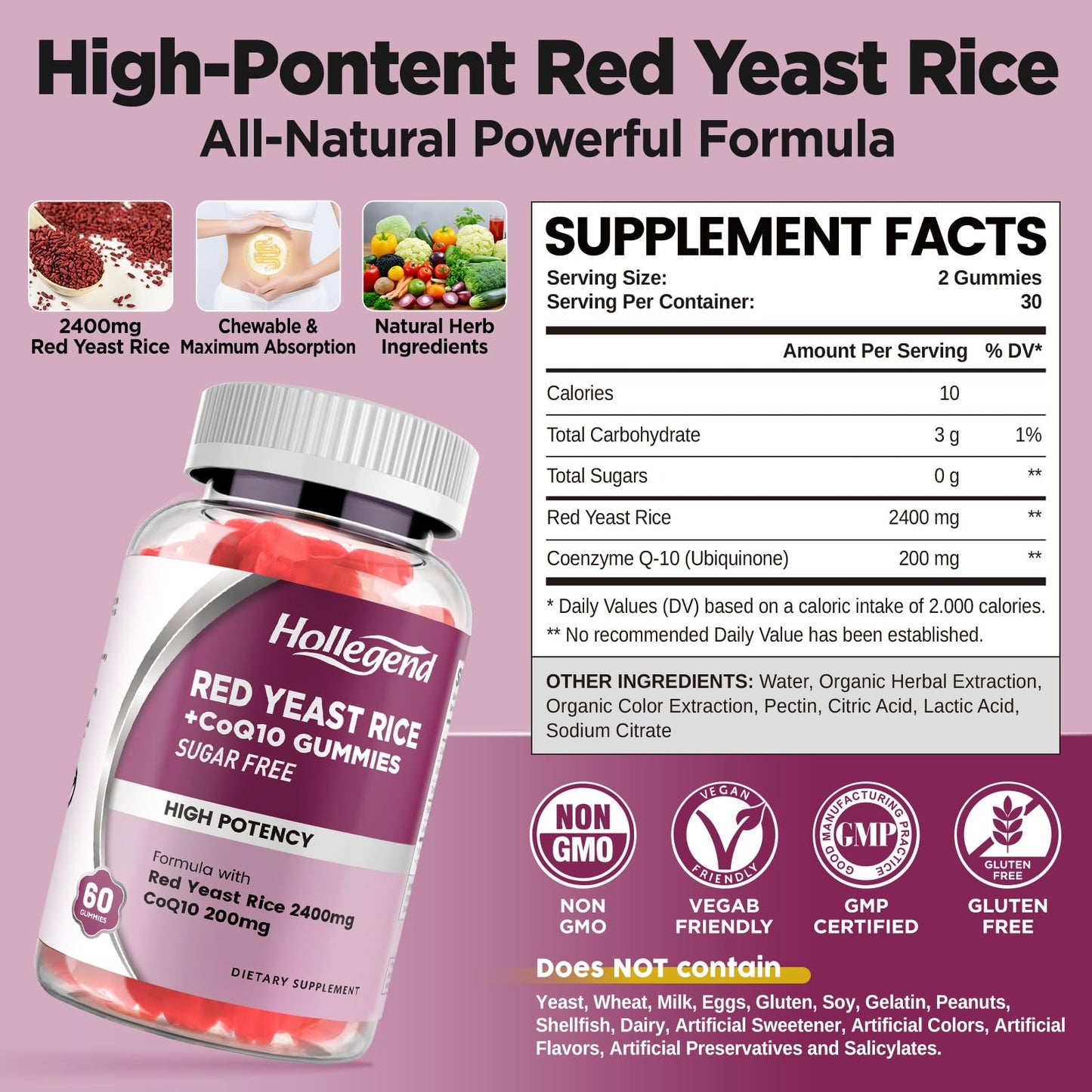 Hollgend Red Yeast Rice with CoQ10 Gummies - Sugar Free, Organic 2400mg Red Yeast Rice + 200mg CoQ10, 60 Chewables