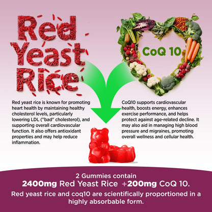 Hollgend Red Yeast Rice with CoQ10 Gummies - Sugar Free, Organic 2400mg Red Yeast Rice + 200mg CoQ10, 60 Chewables