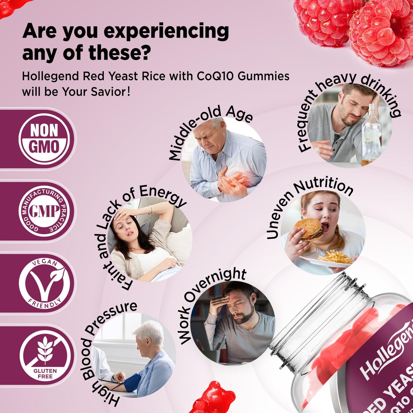 Hollgend Red Yeast Rice with CoQ10 Gummies - Sugar Free, Organic 2400mg Red Yeast Rice + 200mg CoQ10, 60 Chewables