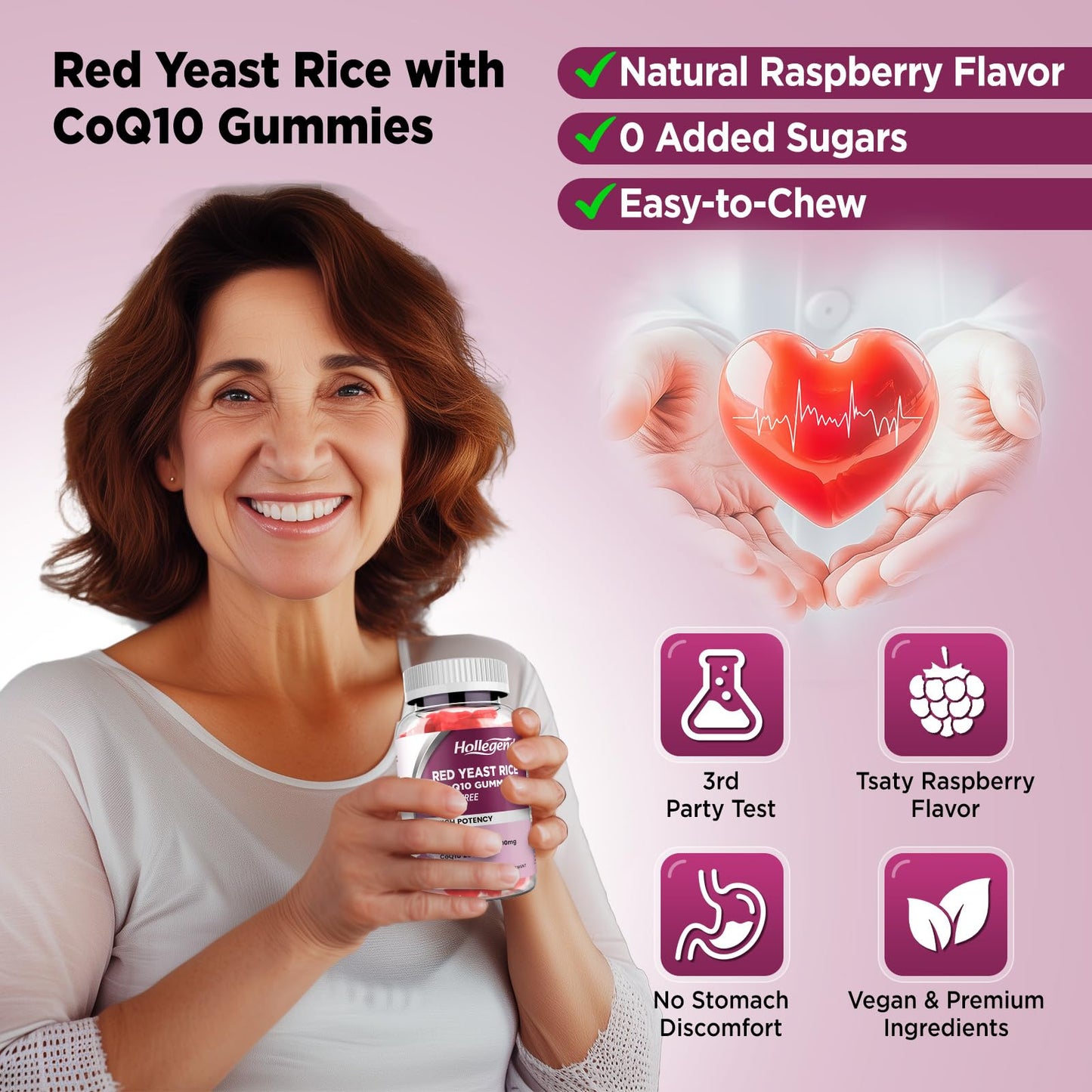 Hollgend Red Yeast Rice with CoQ10 Gummies - Sugar Free, Organic 2400mg Red Yeast Rice + 200mg CoQ10, 60 Chewables