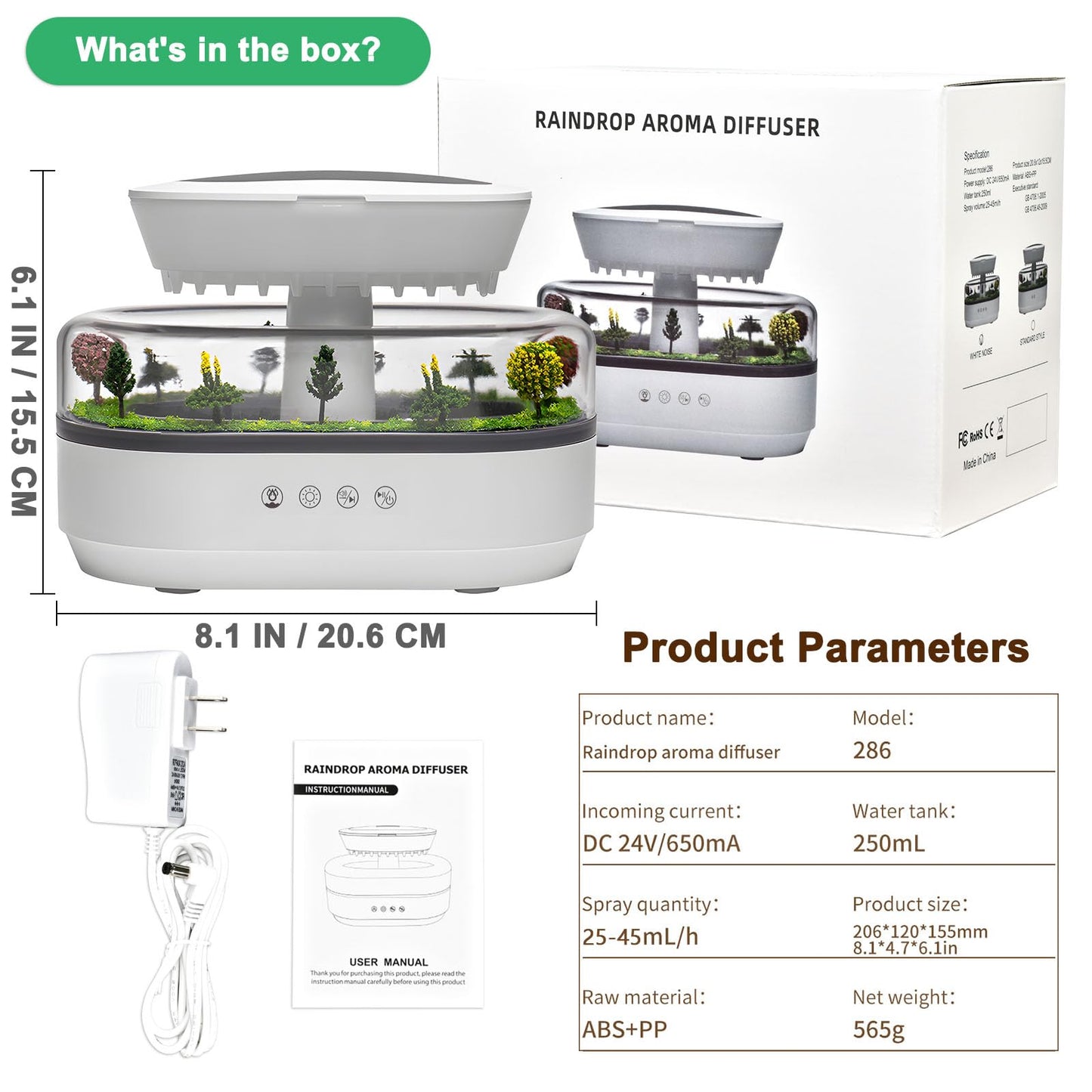 Holwim Cloud Rain Essential Oil Diffuser 250ml – 7-Color Light, Auto-Off, White Noise