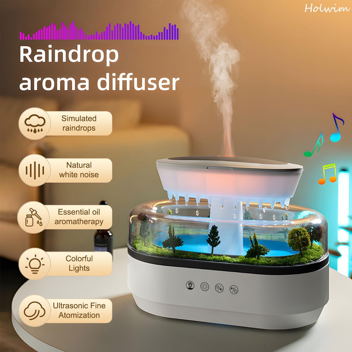 Holwim Cloud Rain Essential Oil Diffuser 250ml – 7-Color Light, Auto-Off, White Noise