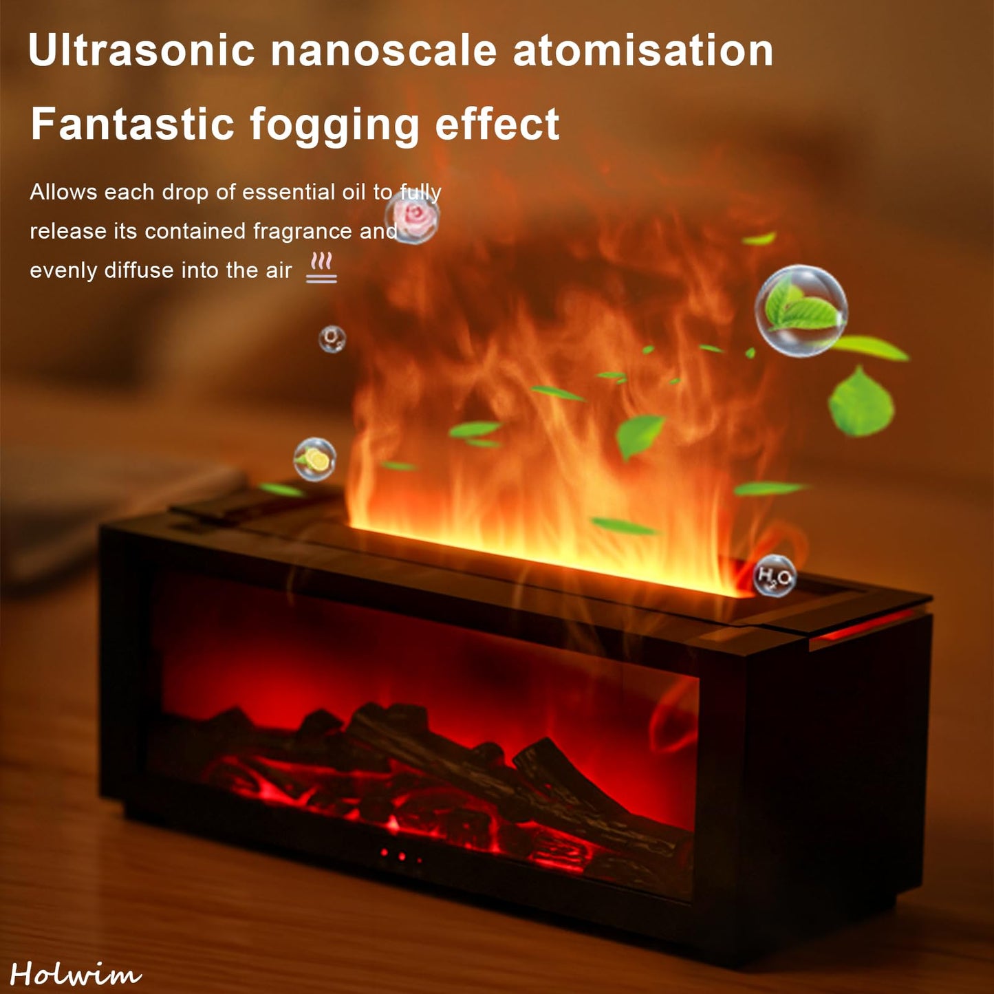 Holwim Fireplace Essential Oil Diffuser – 150ml Ultrasonic Humidifier, 7-Color Flame with Remote (Black)