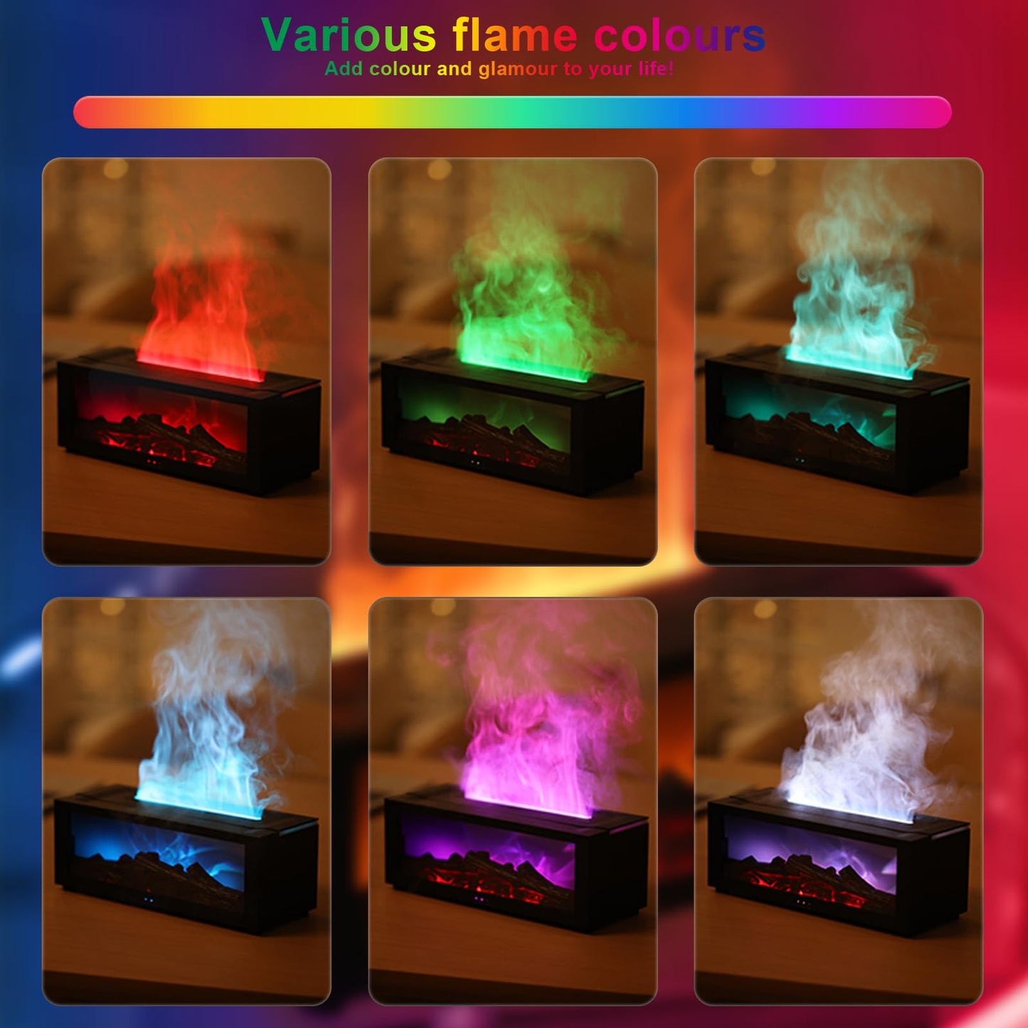 Holwim Fireplace Essential Oil Diffuser – 150ml Ultrasonic Humidifier, 7-Color Flame with Remote (Black)