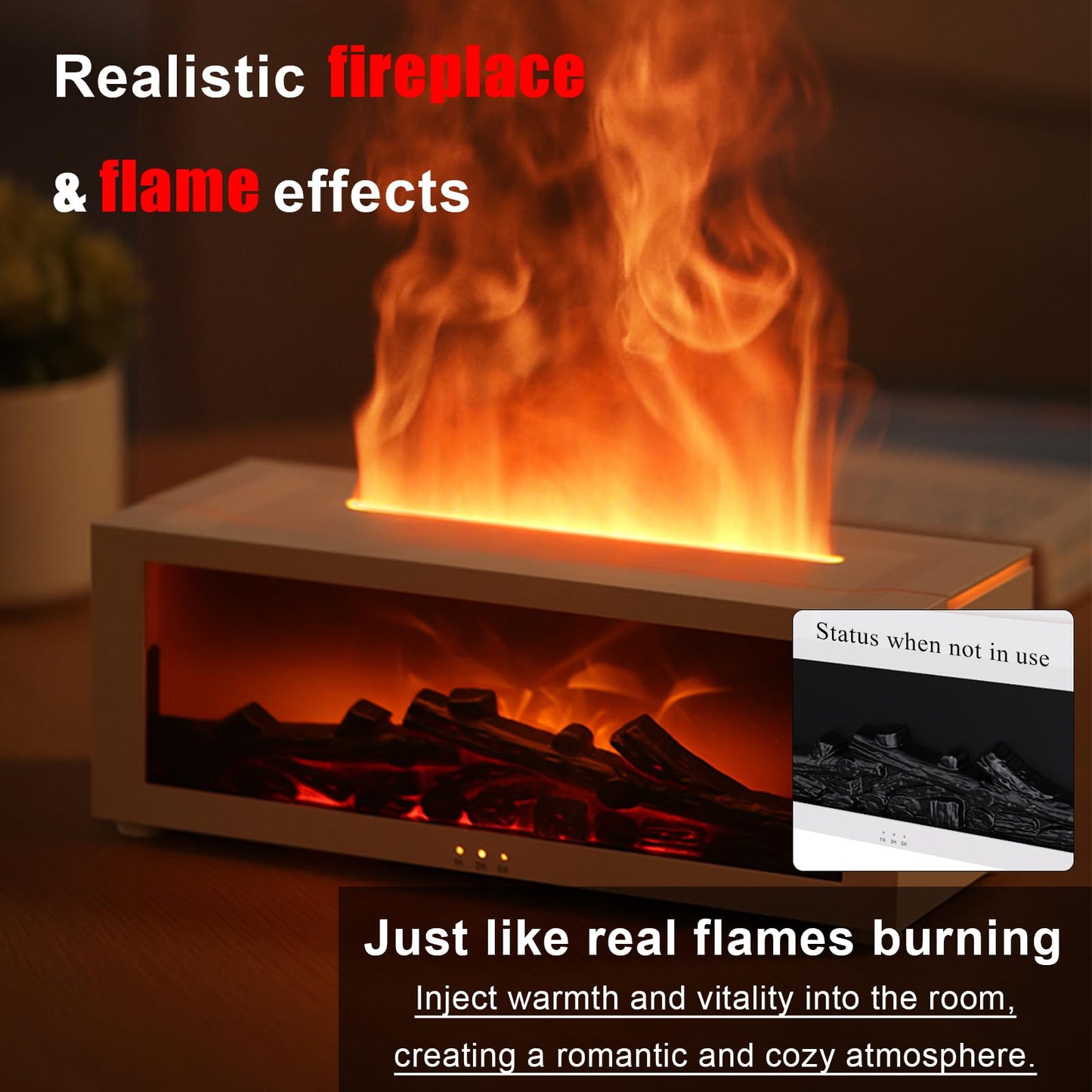 Holwim Fireplace Essential Oil Diffuser – 150ml Ultrasonic Humidifier, 7-Color Flame with Remote (Black)